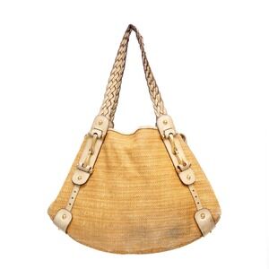 Auth Gucci Pelham Raffia Shoulder Hand Bag‎ Womens Medium Beige Leather Strap